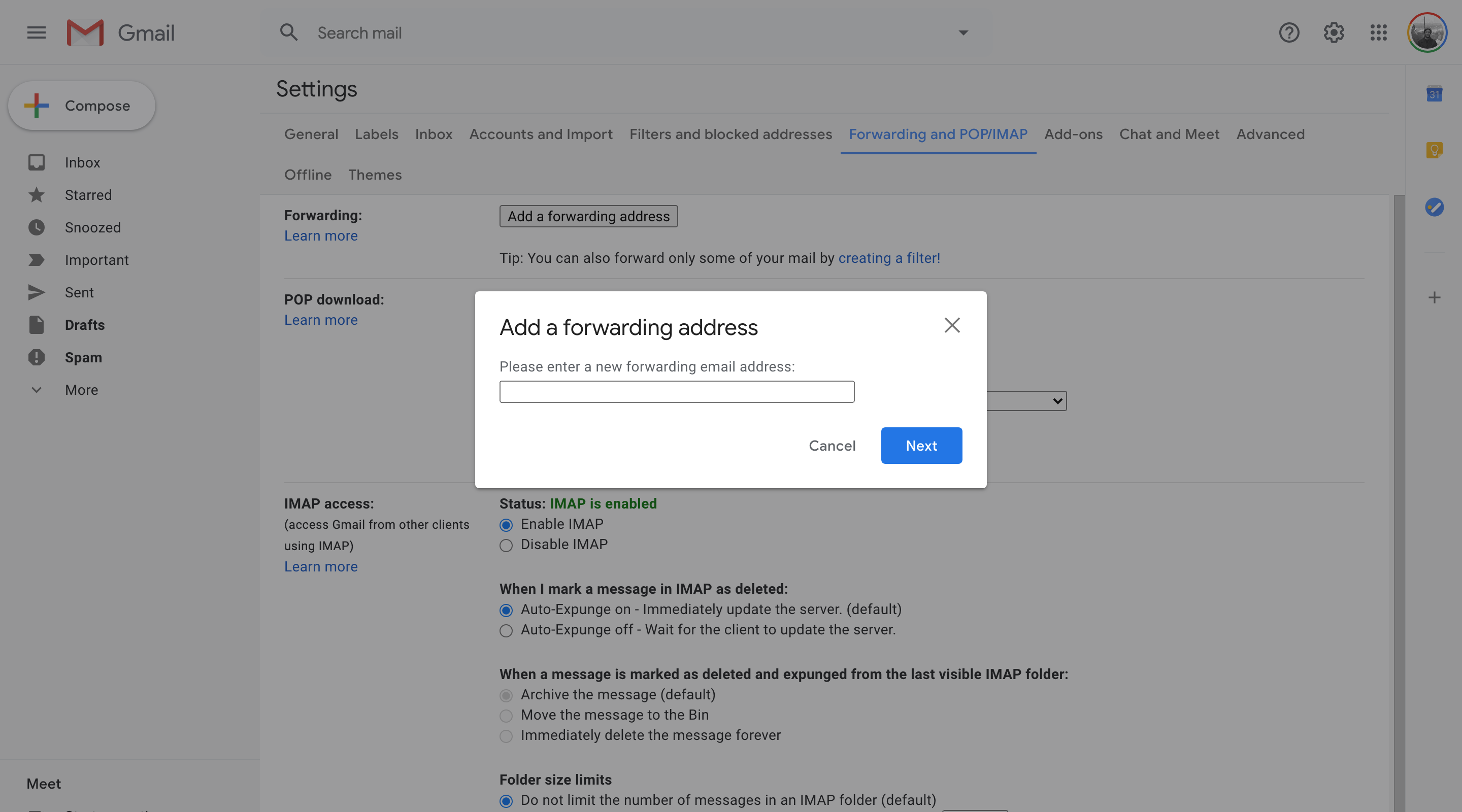 Gmail add forwarding address modal