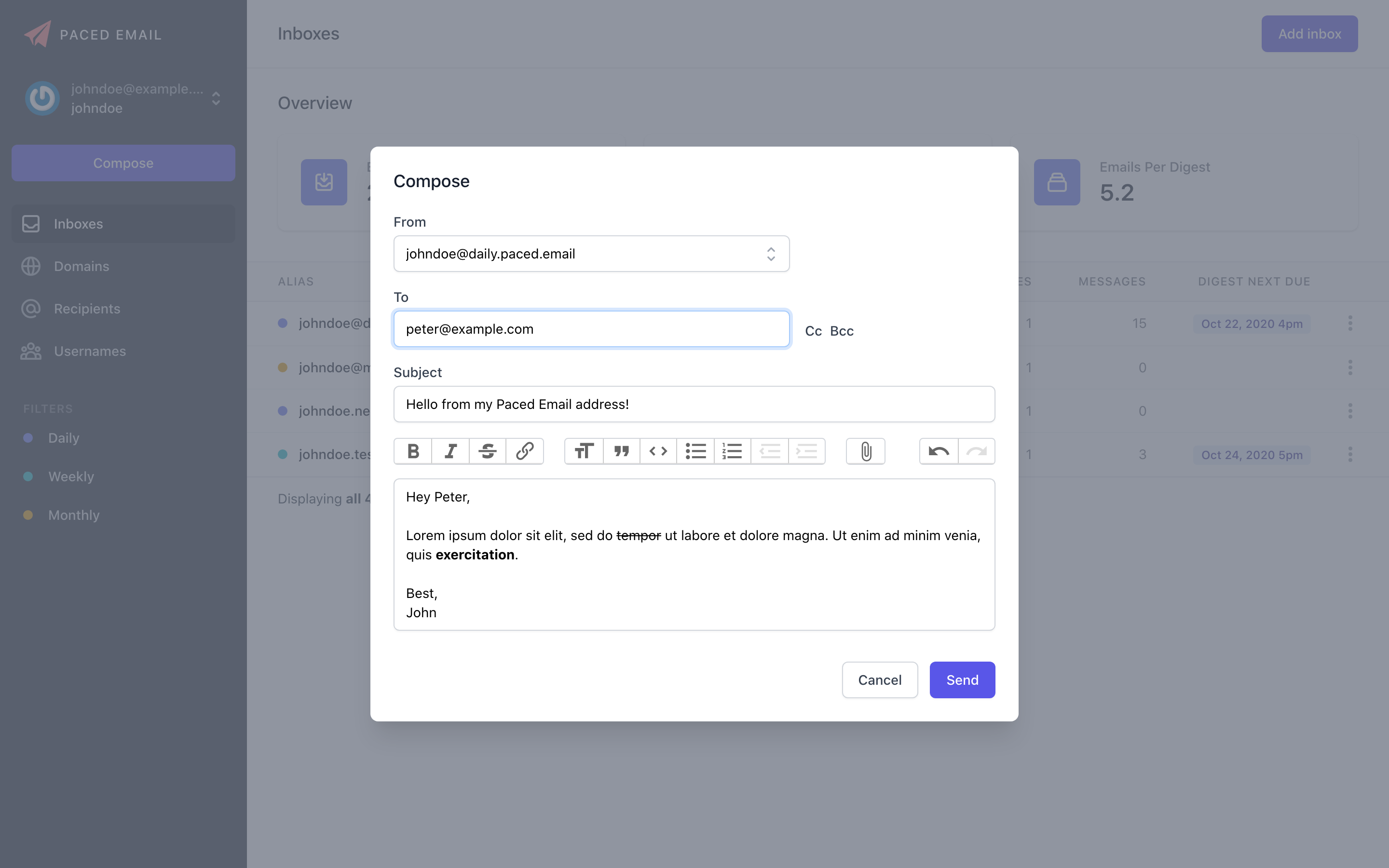 Compose popup allowing user to send email directly from Paced Email aliases