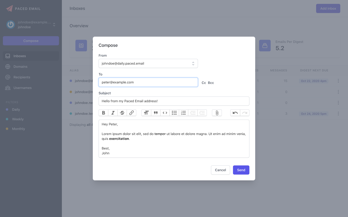 Compose popup allowing user to send email directly from Paced Email aliases