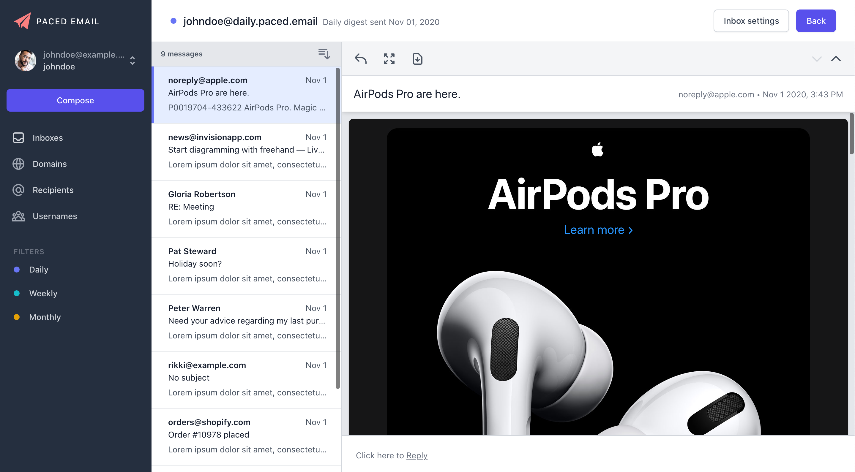 Digest inbox view displaying the batched emails for this particular alias