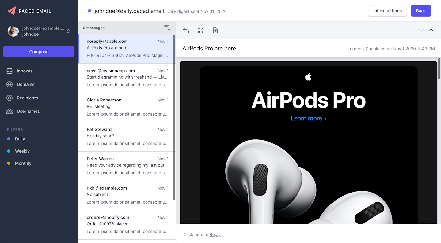 Digest inbox view displaying the batched emails for this particular alias