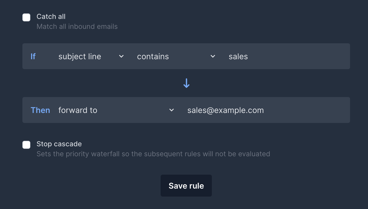 Available fields for editing a rule
