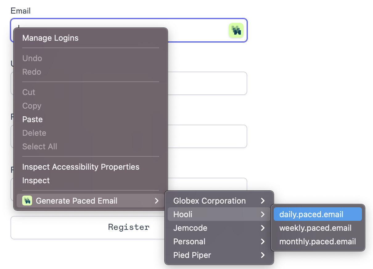 Right-click browser context menu for generating Paced Emails